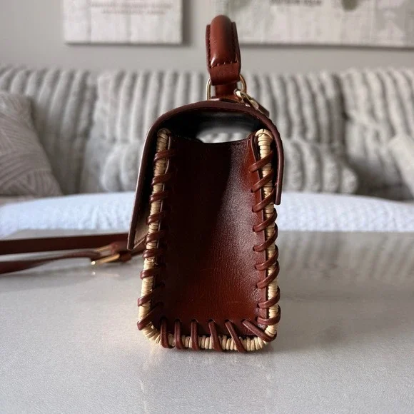 J.Crew Leather and Wicker Mini Satchel Crossbody Bag Brown Tan Whipstitch - Picture 2 of 7